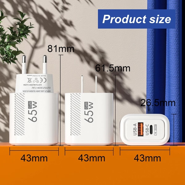 Hurtigoplader USB C, GaN PD 65W oplader, Samsung S22, S21, iPhone 14, 13, Xiaomi, Huawei, LG, Quick Charge 3.0 EU White