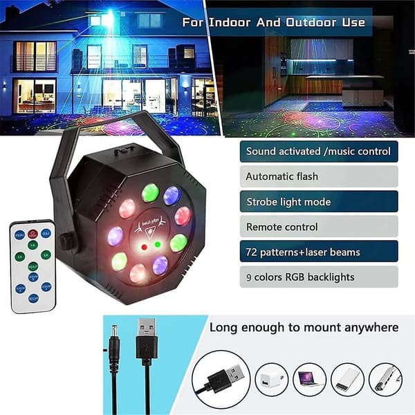 9-LED RGB Disco Party Lys Projektor med Laser, Strobe & Flash Effekter