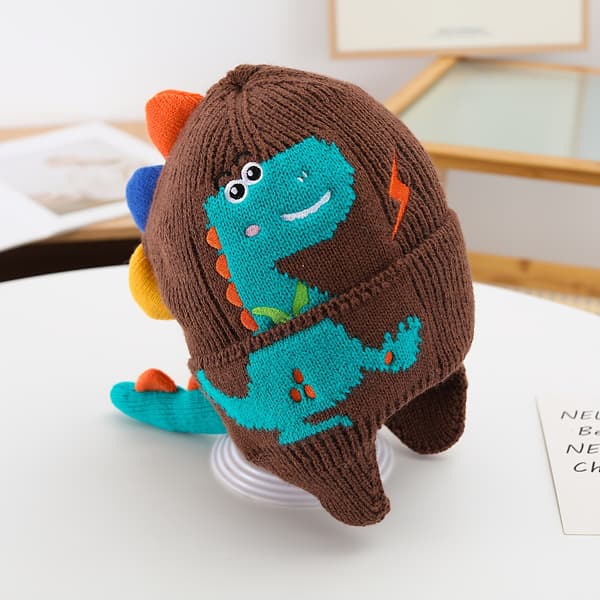 Barnas Dinosaur Øreklaff Vinterlue Varm Strikkelue for Gutter og Jenter Beige
