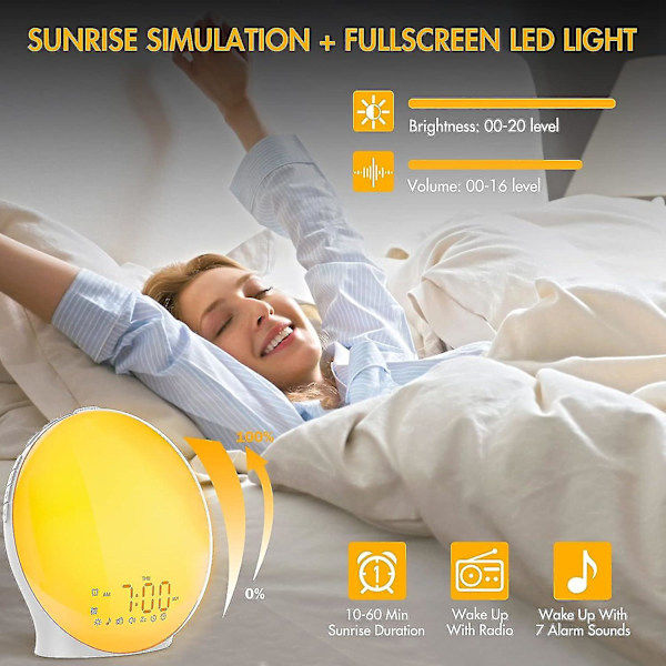 Soloppgang Vekkerklok, Fullskjerm Våknelys med Soloppgang Simulering, Dobbel Alarm, FM-radio, 8 Naturlige Lyd og Snooze, 3 Lysmoduser, Digital Sengelampe