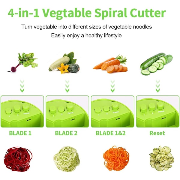 Smaragdgrön Spiralizer Handhållen Spiral Grönsaksskärare, 4-i-1 Grönsaksspiral Skärare