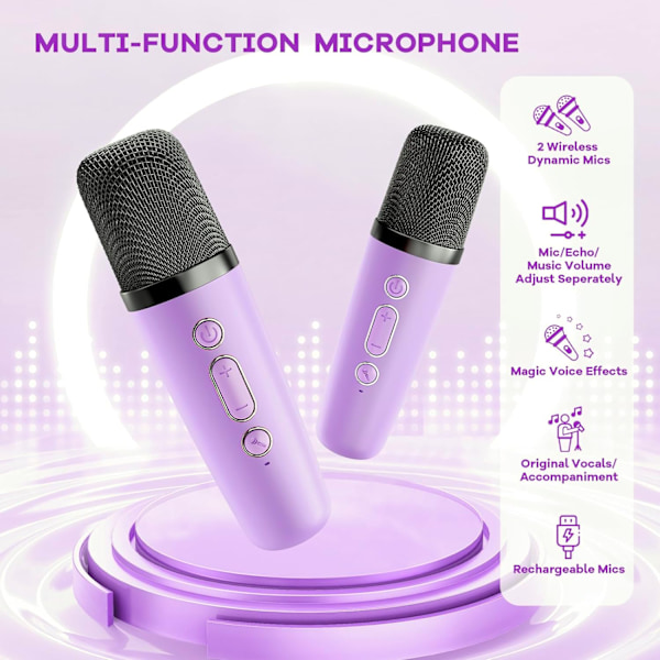 Mini Karaoke-laite, Kannettava Bluetooth-kaiutin 2 langattomalla mikrofonilla, Leikkikalut syntymäpäivälahjoiksi taaperoille ja teineille (Violetti) Purple