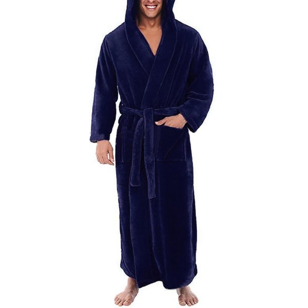 Men's fleece hood long soft bathrobe Morning robe3XLBlue