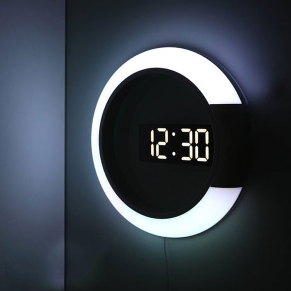 3D LED digital veggklokke Bordklokke Alarm Hul speil Veggklokke Moderne design Nattlys for hjem, stuedekorasjoner