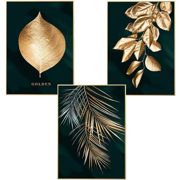 Set med 3 designaffischväggkonst, Forest Golden Leaves Palm