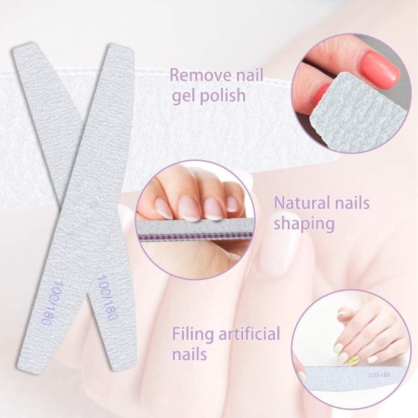 16st Dubbelsidiga Nagelfilar - 100/180 Grit Tvättbara Vit