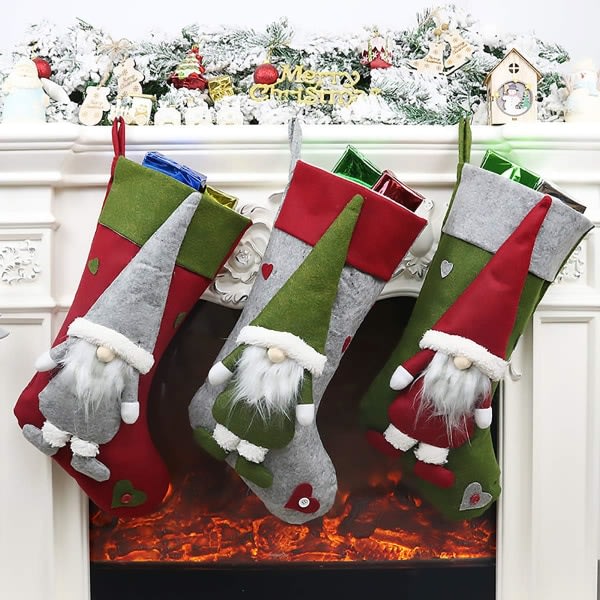 3 typer av svenska julstrumpor för familj, barn, julgransdekorationer (3-pack, röd, grön, grå)