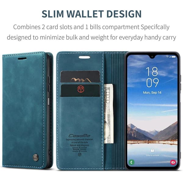 Stødsikkert læder wallet case med stativ til Samsung A17[JUN] blå