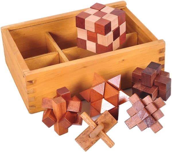 6 Trä Hjärngympa Pussel, 3D IQ Logik Spel för Vuxna & Barn [JUN]