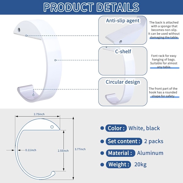 2 kpl laukun koukkua pöydälle C-muotoinen käsilaukun ripustin pidike, työpöydän laukun koukku laukun ripustamiseen, raskas laukku ripustin laukun koukku ihanteellinen laukun pidike (valkoinen) color