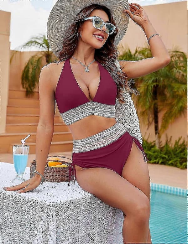 2026 Women's High Waisted Tummy Control Color Block Two Piece Drawstring Bikini Set - Bra Red Red S