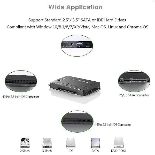 USB 3.0 til SATA IDE-konverter Hårddiskadapterbryter for 2,5' 3,5' IDE HDD SSD