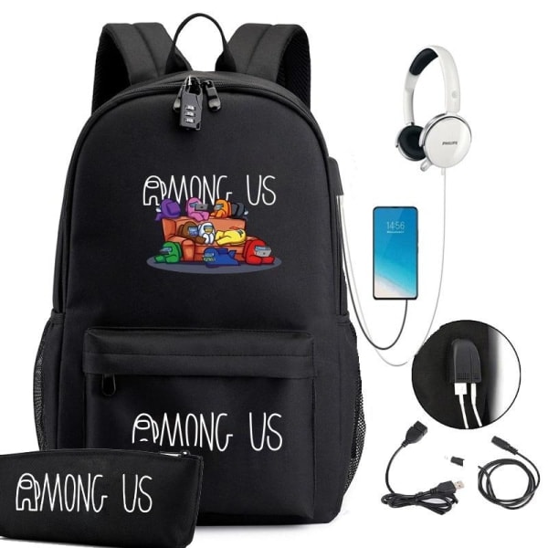Among Us -reppu lapsille, reput USB-liitännällä, 1 kpl, musta, suuri svart stor 4
