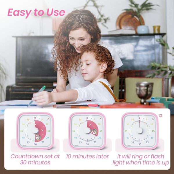Visuell timer med skyddande fodral, Unicorn Disk 60 minuters nedräkningstimer för barn och vuxna, tyst tidshanteringsverktyg (rosa)