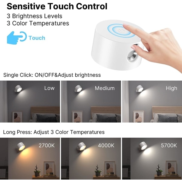 Vägglampa för inomhusbruk, vägglampa med USB-laddning, 3 färger och 3 nivåer LED inomhus 360° roterbar touchkontroll trådlösa vägglampor
