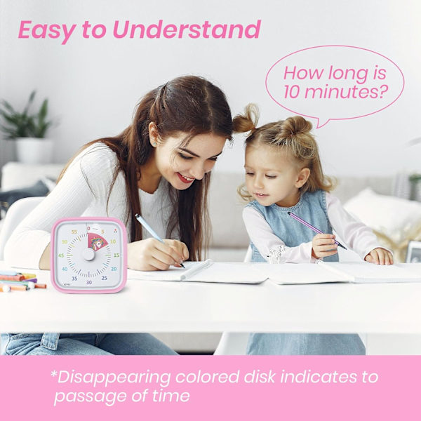 Visuell timer med skyddande fodral, Unicorn Disk 60 minuters nedräkningstimer för barn och vuxna, tyst tidshanteringsverktyg (rosa)