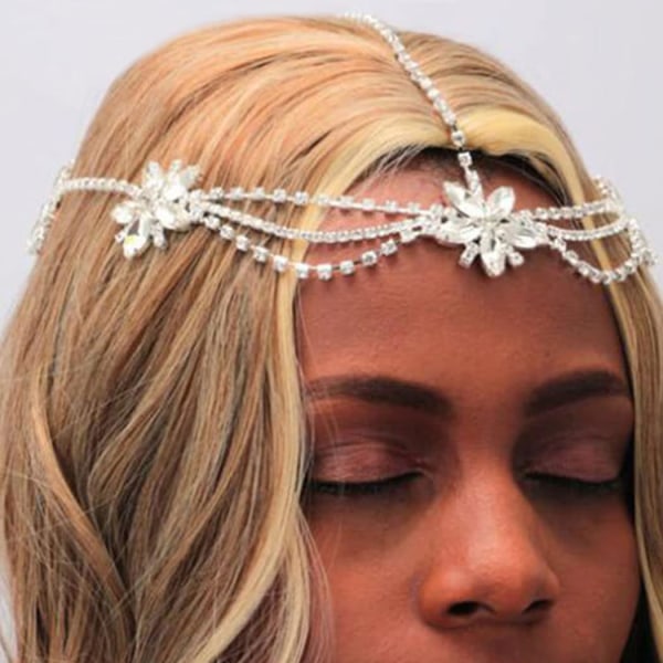 Kristallhuvud kedja silver headpiece blommor bröllopshår