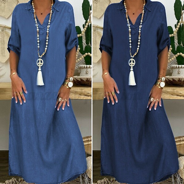 Sommarklänning i denim maxi för dam, mörkblå avslappnad långklänning, födelsedagspresent till mamma fru, 4XL[JUN] Deep blue 4XL