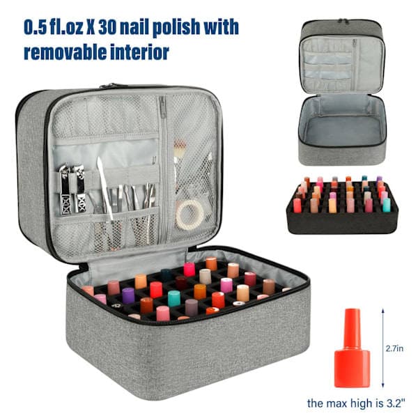 Nail Polish Storage Case with UV Light - Professional Organizer for Nail Kit, Grey