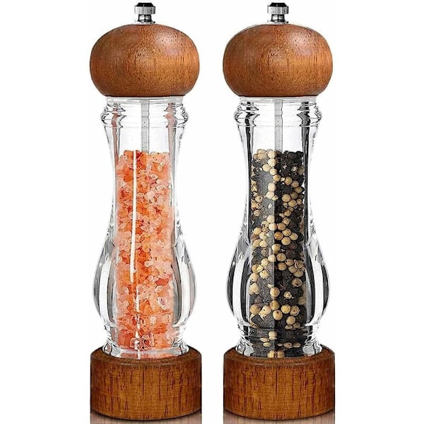 Pepper- og saltkvern, manuell pepperkvern, sett med 2 trepepperkverner, justerbar keramisk salt- og pepperkvern, akryl salt- og pepperskakere