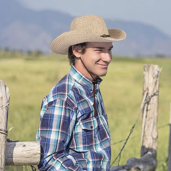Western Cowboyhatt (med rep) for kvinner og menn med sammenleggbar sommer solhatt med bred brem, beige