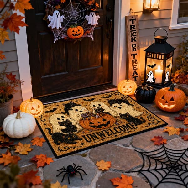 Halloween-dørmåtte med spøgelse, sort kat og græskar, skridsikkert velourtæppe til entré, soveværelse og stue 50x80cm