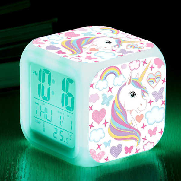 Unicorn Digital Väckarklocka（C）, Färgstarkt Ljus Växande Klocka Fyrkantig