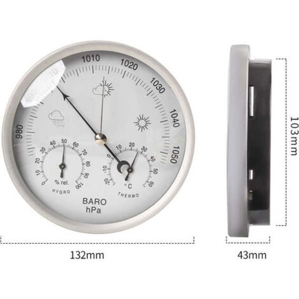 Analog vejrstation 3 i 1 rustfrit stål Ø132 mm - Barometer, termometer, hygrometer, sølv