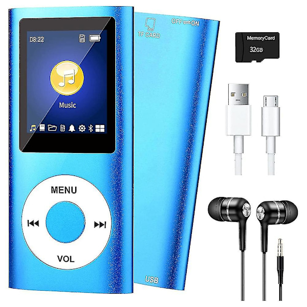 MP3-soitin Bluetooth 5.0:lla, musiikkisoitin 32 Gt TF-kortilla, FM, kuulokkeet, kannettava Hifi-musiikkisoitin (sininen)