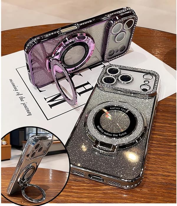 Glitter Bling støtsikkert deksel med magnetisk stativ for iPhone 17 Pro Max [JUN]