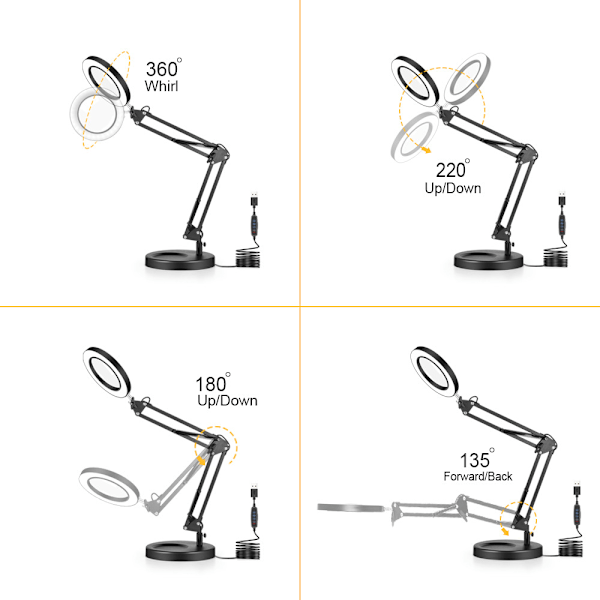 5x forstørrelsesglass med lampe og feste, to-i-ett lysende forstørrelsesglass, base og klemme forstørrelsesglass i tre fargemoduser