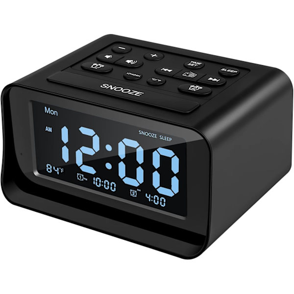 Klockradio med dubbla alarm, digital väckarklocka med 2 USB-laddningsportar, 0-100% dimbar, justerbar volym, inomhustermometer (Svart)