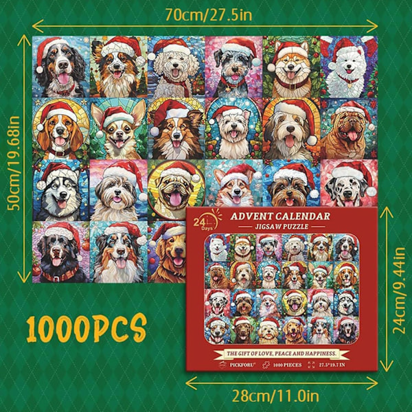 Hunde-puslespill Julekalender, Juleräknedagspuslespill for Hunder, Hundepuslespill Julekalender, God Jul Hundepuslespill Julekalender 1000 Brikker