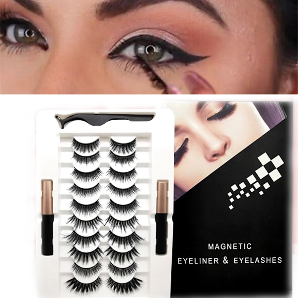 10 par magnetiske øjenvipper Eyeliner Liquid & Pincet Sæt Set 1-Natural