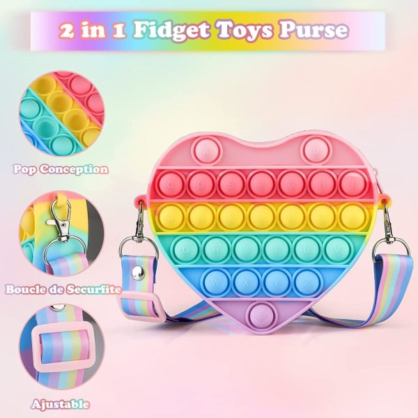 Fidget Toy Väska Push Pop Bubble It 2 ​​i 1 plånbok, silikon multifärgad sensorisk axelväska, anti-stress leksaksväska för flickor och barn