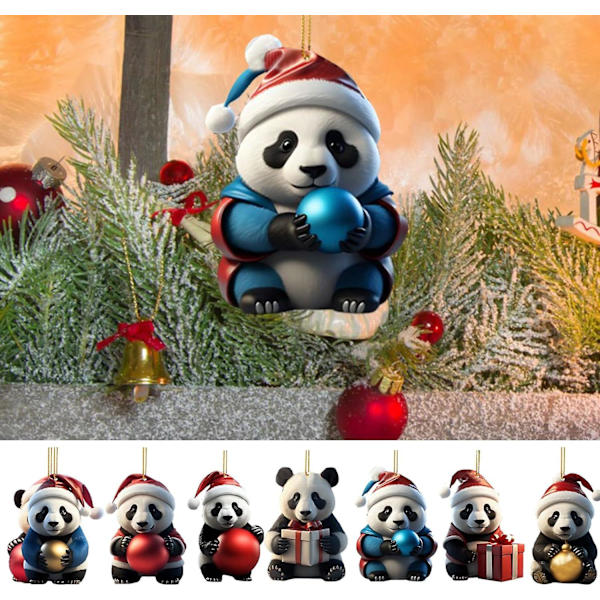8 st julgran panda hänge 2d akryl, jul panda hängande dekoration rolig jul panda prydnad för julgran present