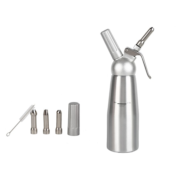 500 ml Flødeskum Apparat/Pisk af Aluminium med 3 Dekorationsdyser i Rustfrit Stål og 1 Rengøringsbørste, Lækagesikker