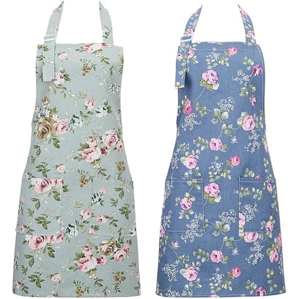 2-pack blommiga förkläden för kvinnor, justerbart köksförkläde med fickor [JUN]