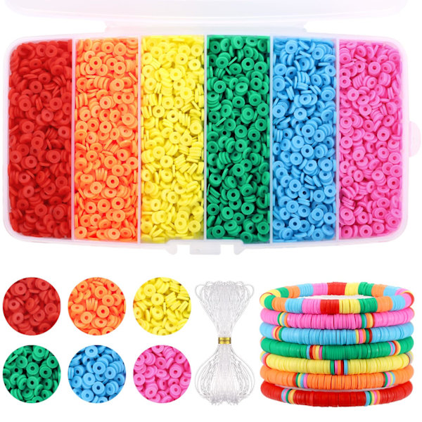 6000 stk leireperler for å lage armbånd i regnbuefarger, flate leireperler, Heishi-perler Polymer leireperler sett for smykkefremstilling (6 mm) rainbow