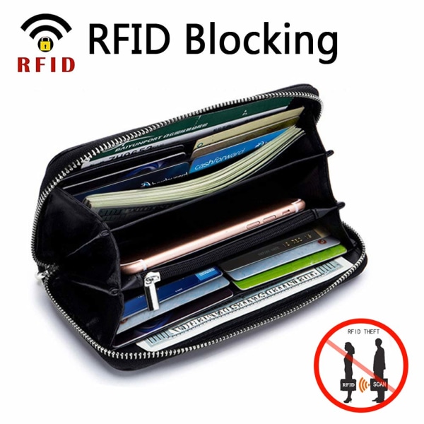 Damplånbok RFID-blockerande dragkedja i äkta läder