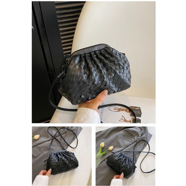 Taske i vævet PU-læder, trendy skuldertaske sort black 3