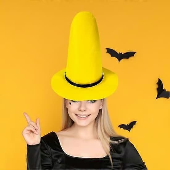 Halloween Witch Hat - Pointy Yellow Felt Hat with Wide Brim, Cosplay Costume Accessory M