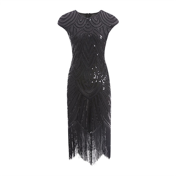 Vintage Flapper Kjoler 1920'erne til Kvinder Krystal Perlebesat Frynset Great Gatsby Kjole Sort Sort Sort Black L