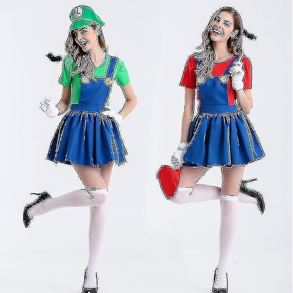 Vuxna Män Kvinnor Super Mario Luigi Bros Fancy Dress Dam Klänning Halloween Kostym Green