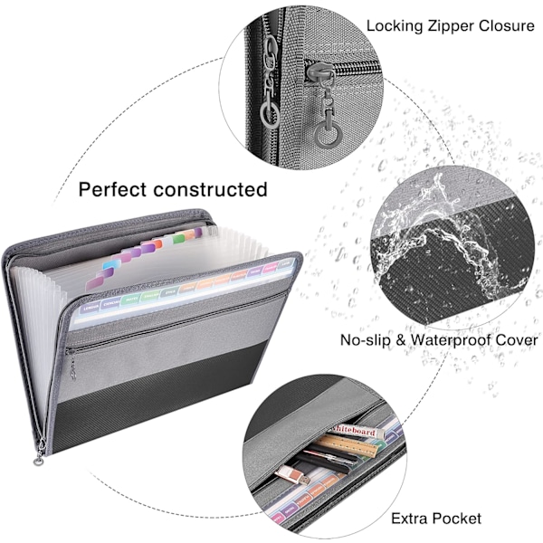 2-pack expanderande A4-mapp, 13 fack Dokument dragspelsmapp Sorteringsmapp med dragkedja, dokumentväska Canvasväska Väska Bågm 2 Pack Gray Expanding Folders