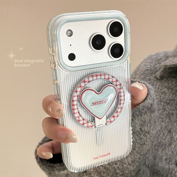 Magnetisk telefoncover til iPhone 17 Pro Max, lyseblå striber og ternet mønster med hjerteholder
