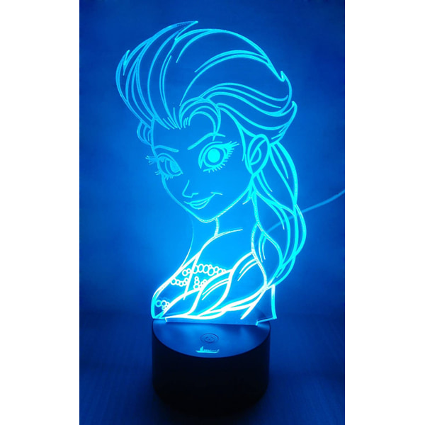 Prinsesse Elsa 3D Natlampe LED Illusion Lampe Sengelampe Bordlampe, 7 Farveskiftende Lys med Akryl Plade & ABS Base & USB Oplader