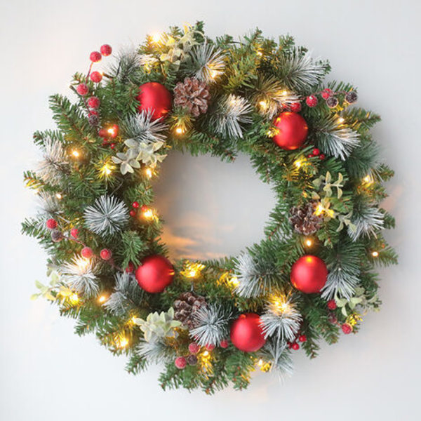 Joulukranssi Oven Koristeluun, Koristeluun Käpyillä, Marjoilla, Lumihiutaleilla (30CM, 20 LED-valoa)