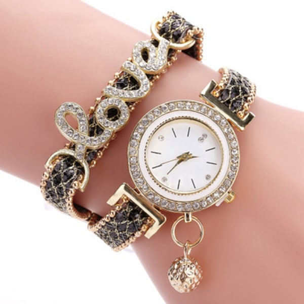 Kvinnors armbandsklockor Damer Love Läderrem Rhinestone Quartz Watch Black