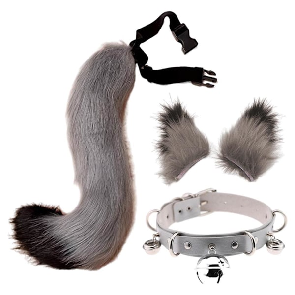 1/2/3/5 Faux Katteører og Hale Sett Halloween Fancy Dress Cosplay Grå Grey 5PCS